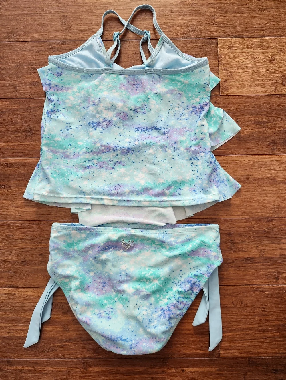 Justice Girls Layered Tankini Swimsuit Set Aqua Purple Tie Dye Sparkle, Size 10
